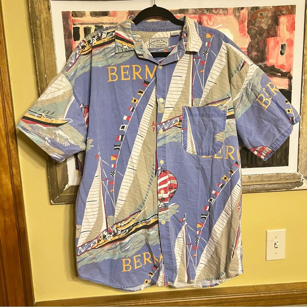 Vtg Bermuda Sailboat American Eagle Mens Large/XL Short Sleeve Button Shirt AEO